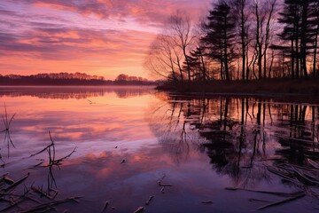 Fototapeta premium Tranquil Lakeside Sunset: Soft Pastel Tones Mirror the Calm Water's Surface, generative AI