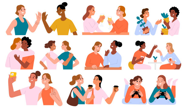 Female friends hug each other, meet and talk, young women spend time together, BFF drink coffee and share hobby, vector illustrations