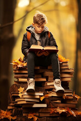 Schoolboy sitting on a pile of books in the autumn forest. Fantasy reading. High quality photo