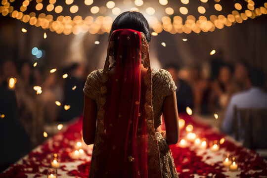 Glimpse the sacred union from behind, as a Hindu wedding ceremony unfolds, a tapestry of traditions and emotions weaving together. Generative AI