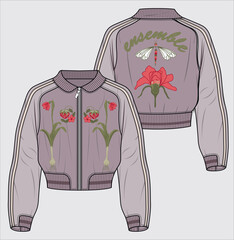 COLOR BLOCK SATIN BOMBER JACKET WITH ORIENTAL EMBROIDERY AND TIPPING RIBBED CUFF AND WAIST DETAIL DESIGNED FOR WOMEN AND TEEN GIRLS IN VECTOR ILLUSTRATION © JUSTDZINE