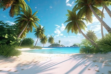 Fototapeta premium Turquoise Waters and White Sand: Exploring a Tropical Beach Paradise with Palm Trees, generative AI