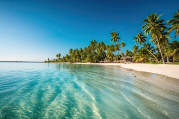 Turquoise Waters and White Sandy Beaches: Discover a Tropical Island Paradise with Swaying Palm Trees, generative AI