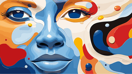 face in vibrant primaries surrounded by fluid shapes