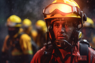 Fototapeta premium 911, rescuer. A fire rescuer is a firefighter who rescues and evacuates people from fire, extinguishes fires and prevents similar incidents. fire, children, ruins, danger
