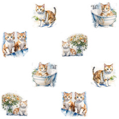 watercolor tiled pattern with cute cats on the white background. Kitten illustration for kids, generative art.