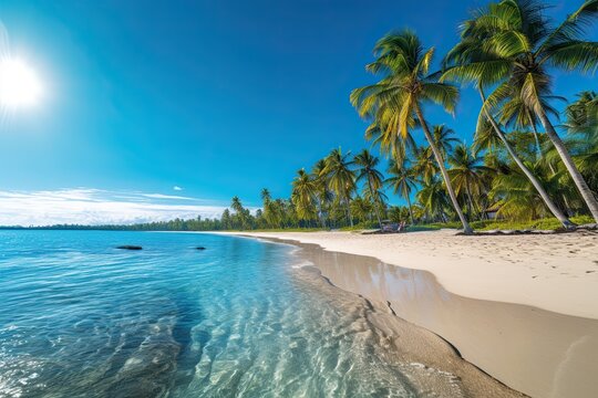 Turquoise Waters, Soft White Sand: Discover the Tropical Paradise Beach with Palm Trees, generative AI