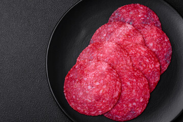 Delicious smoked salami sausage with salt, spices and herbs
