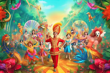 Colorful Floats, Festive Costumes, and Joyful Music: A Vibrant Carnival Parade Background!, generative AI