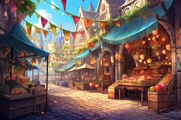 Fototapeta premium Bustling Vendors and Colorful Stalls: Exploring a Vibrant Market Square, generative AI