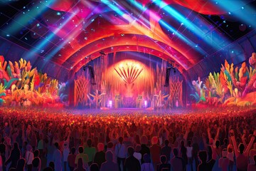 Vibrant Music Festival: Stages, Colorful Lights, and Enthusiastic Crowd Unite!, generative AI