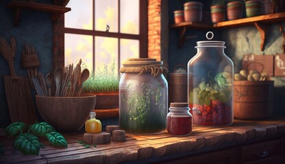 Jar in the village kitchen room illustration Ai generated art