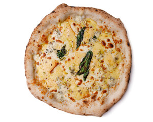 craft pizza with pear and mozzarella on a white background, studio shooting