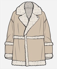 PLUSH COLLAR LONG LENGTH JACKET WITH PLUSH TRIMS DESIGNED FOR WOMEN AND YOUNG WOMEN IN VECTOR ILLUSTRATION © JUSTDZINE