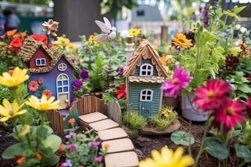 Fototapeta na wymiar Colorful Flowers, Tiny Houses, and Fluttering Fairies: Step into a Whimsical Fairy Garden, generative AI