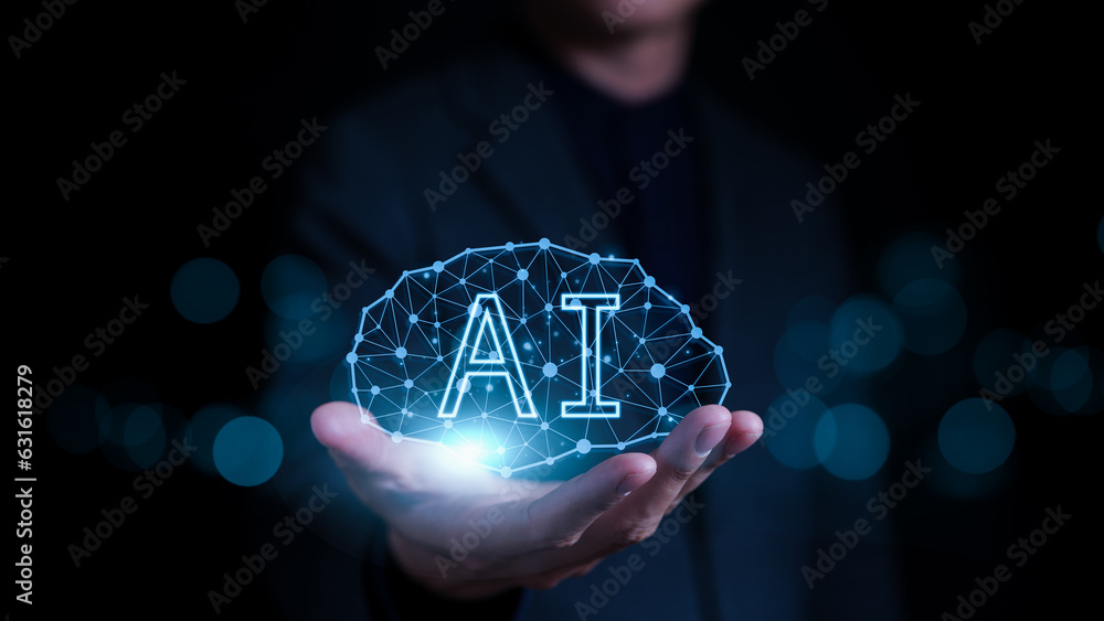 Poster ai, artificial intelligence concept. virtual artificial intelligence brain connection in hands of th