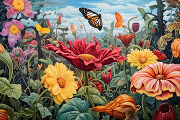 Enchanting Blooms and Playful Butterflies: Exploring a Whimsical Garden of Vibrant Colors, generative AI