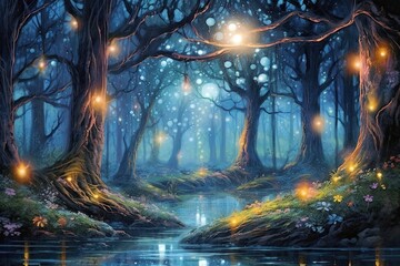 Enchanting Forest Delights: Whimsical Fairytale Magic with Sparkling Fireflies and Magical Creatures, generative AI