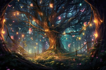Whimsical Fairytale Forest: Sparkling Fireflies, Magical Creatures, and Towering Trees, generative AI