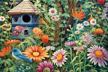 Fototapeta na wymiar Charming Birdhouse in a Blooming Whimsical Garden: Playful Butterflies and Vibrant Flowers, generative AI