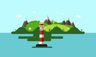 Lighthouse on sea with island on background - vector