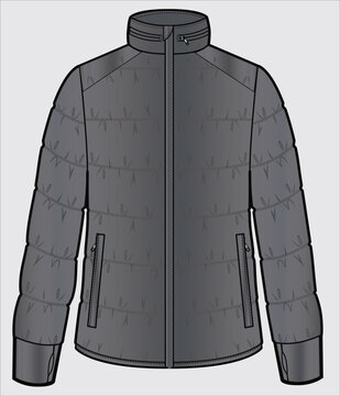 recommend clip art: GREY PUFFER UNISEX JACKET WITH SATIN CUFFS AND SHOULDER YOKE DESIGNED FOR MEN AND WOMEN IN VECTOR ILLUSTRATION