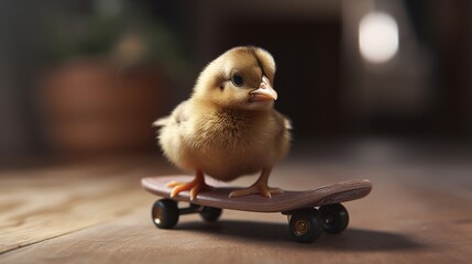 laughing chick baby on a mini skateboard cute photo Ai generated art