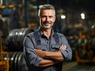 A closeup captures a self-assured male engineer, arms crossed, amidst an industrial setting, embodying prowess in the construction sector.