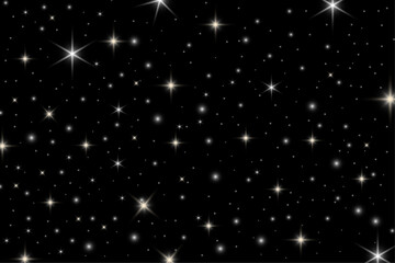 Sky full of stars on black transparent background. Stars of different sizes and shapes. Vector illustration. Shining stars in the night sky. 