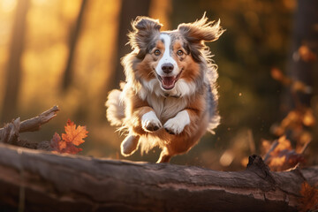 Agile Australian Shepherd dog jumping over log in park with golden light during the autumn season.