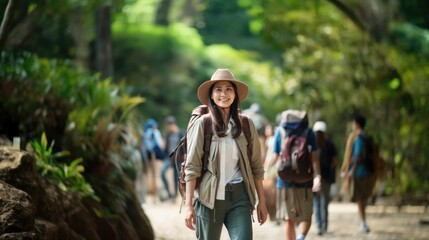 Young traveler wearing a hat with backpack hiking outdoor Travel Lifestyle and Adventure concept. Copy space. 5