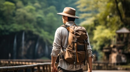 Young traveler wearing a hat with backpack hiking outdoor Travel Lifestyle and Adventure concept. Copy space. 7