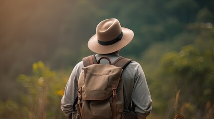 Young traveler wearing a hat with backpack hiking outdoor Travel Lifestyle and Adventure concept. Copy space. (1)