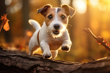 A Jack Russell Dog jumping over a tree log in a park in the autumn season.
