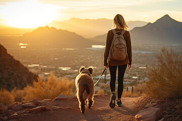 A young healthy caucasian woman with blonde hair walking a dog down a mountain hiking trail in Phoenix Arizona