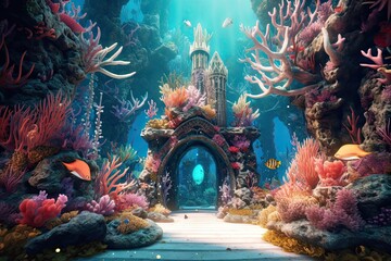 Fototapeta na wymiar Vibrant Marine Life and Intricate Coral Formations: Exploring an Enchanting Underwater Coral Garden, generative AI