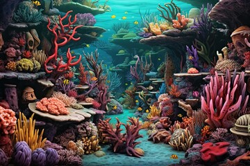 Fototapeta na wymiar Dive into the Mesmerizing Beauty of an Array of Vibrant Colors and Intricate Formations in an Underwater Coral Garden teeming with Diverse Marine Life, generative AI