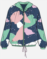 PLEATED NECK HOODIE WITH COLORFUL PRINT PATTERN DESIGNED FOR WOMEN AND TEEN GIRLS IN VECTOR ILLUSTRATION