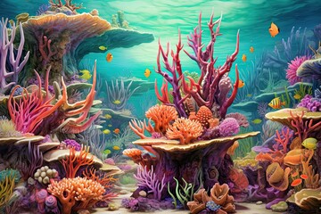 Naklejka na ściany i meble Vibrant Marine Life: Exploring an Underwater Coral Reef with Colorful Fish and Intricate Coral Formations, generative AI