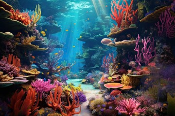 Fototapeta na wymiar Exploring the Diverse Marine Life and Vibrant Colors of an Underwater Coral Garden, generative AI