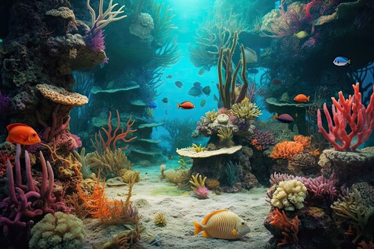 Exploring the Wonders of a Vibrant Underwater Coral Garden: A Thriving Ecosystem with Diverse Marine Life and Stunning Colors, generative AI