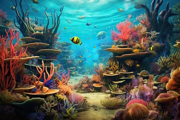 Naklejka premium Discover the Enchanting Underwater World: Exploring Colorful Coral, Diverse Marine Life, and a Vibrant Ecosystem, generative AI