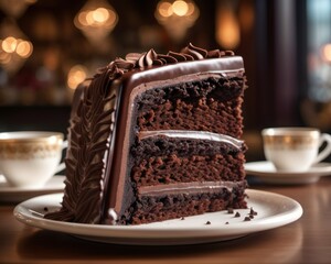 close-up of a rich, velvety dark chocolate cake slice, with layers revealing their moist promise