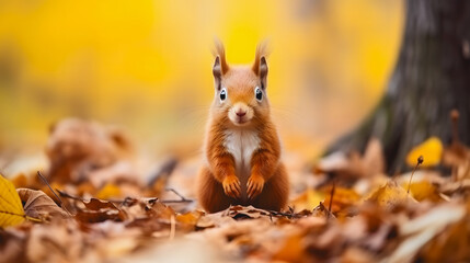 Un écureuil dans un parc en automne avec plein de feuilles orange. 