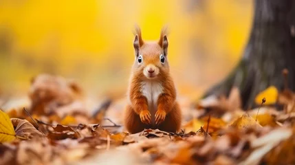 Plexiglas foto achterwand Un écureuil dans un parc en automne avec plein de feuilles orange.  © Gautierbzh