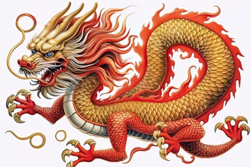 Obraz premium Chinese Dragon Drawing: A Symbol of Power and Good Fortune in Brilliant Red and Gold, generative AI