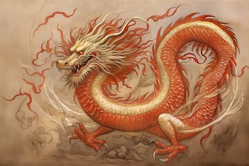 Brilliant Red and Gold Chinese Dragon: A Symbol of Power and Good Fortune, generative AI