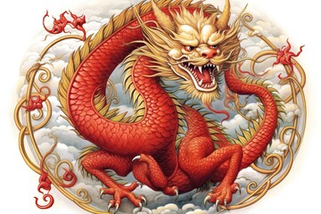 Obraz premium Vibrant Red and Gold: Traditional Chinese Dragon Drawing with Serpentine Form and Cultural Symbolism, generative AI