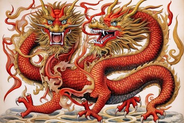 Obraz premium Vibrant Red and Gold: Traditional Chinese Dragon Drawing with Serpentine Form and Cultural Symbolism, generative AI
