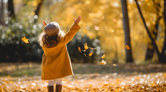 Une petite fille qui jette des feuilles dans un parc en automne.